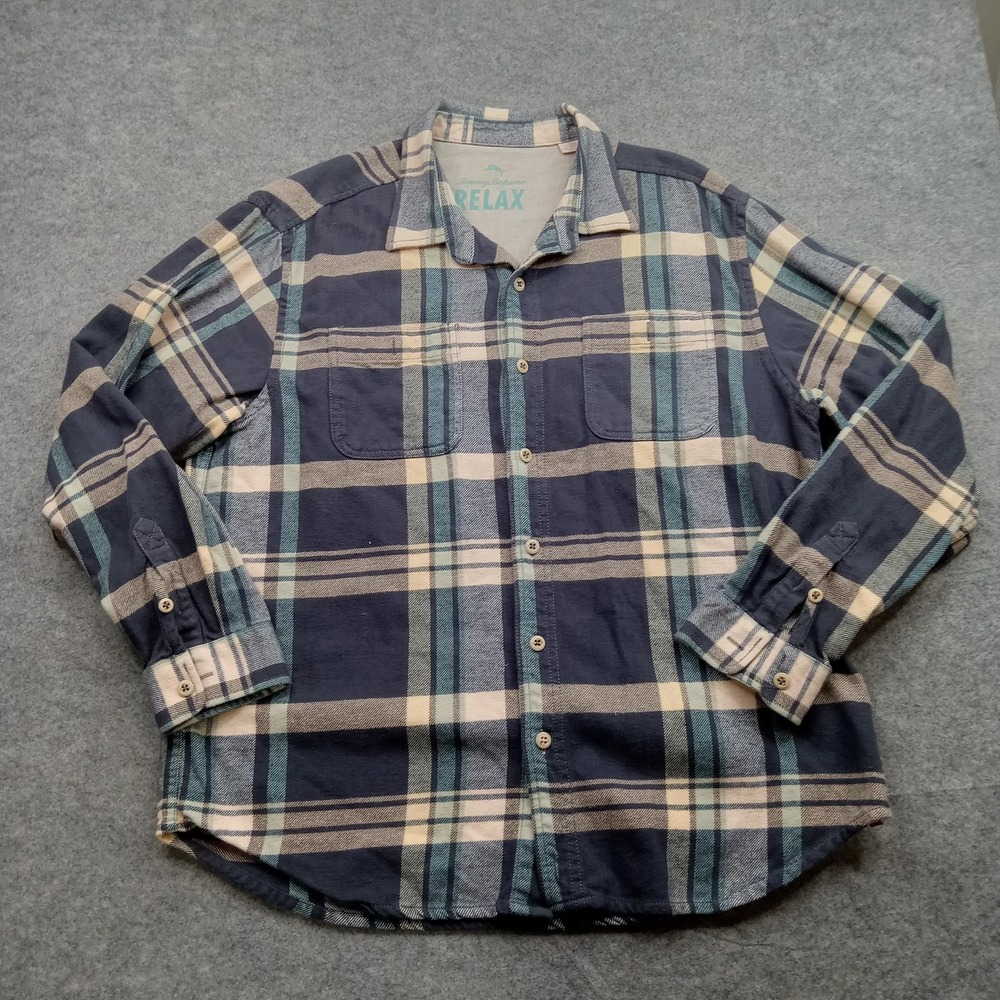Tommy Bahama Shirt Mens XL Blue Green Plaid Flannel Cotton Button Up Down Relax
